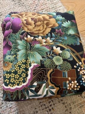 Floral Asian-Inspired Cotton Fabric Panel in Teal, Cream & Gold